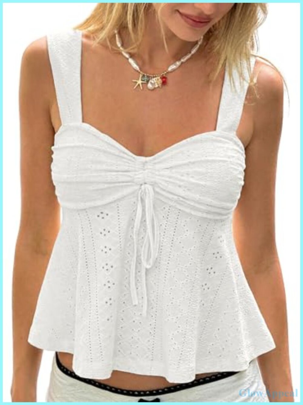 Women's Eyelet Peplum Tank Top Sweetheart Neck Tie Front Ruched Babydoll
